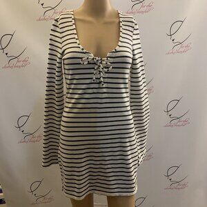 Roxy. Sz Small. Cream/Black Stripe Cotton Knit Dress. Long Sleeve. Tie. B107